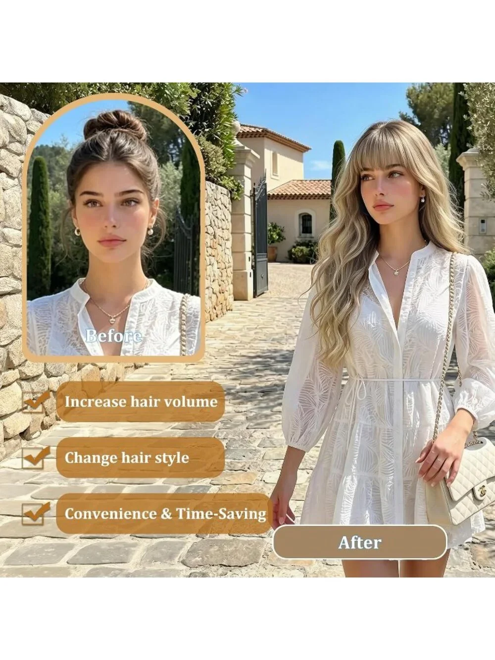 Women's Ombre Blonde 26 Inch Natural Looking Heat Resistant Synthetic Wigs Bangs